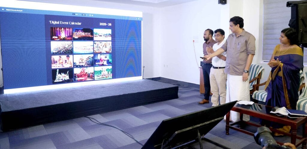 Minister for Public Works and Tourism Shri P A Mohamed Riyas launching the Digital Event Calendar of the Department of Tourism in Thiruvananthapuram on Thursday. Kerala Tourism Secretary Shri Biju K; Director Smt Sikha Surendran and Additional Director (General) Shri Vishnuraj P are also seen.