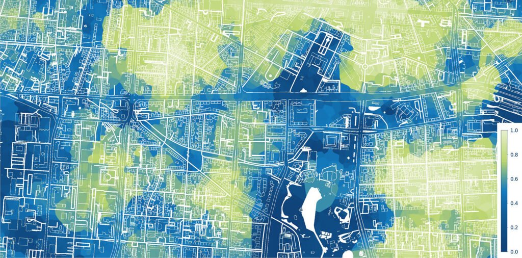 © Fraunhofer IOSB
AI-calculated probabilities of the locations of shared bikes at 6 p.m. on a Monday in Karlsruhe