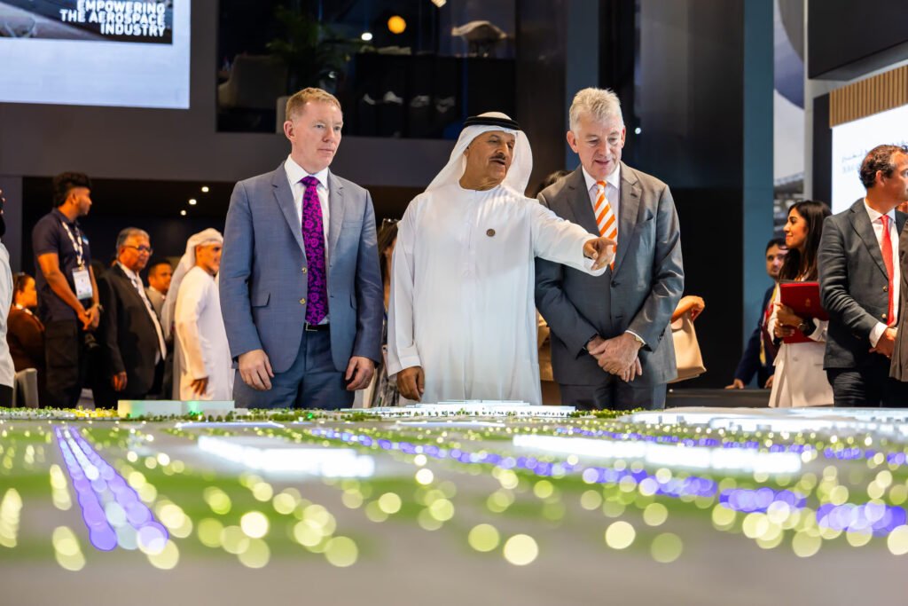 UK Minister for Trade Sir Chris Bryant, Khalifa Al Zaffin, executive chairman of the Dubai Aviation City Corporation and Dubai Airports CEO Paul Griffiths