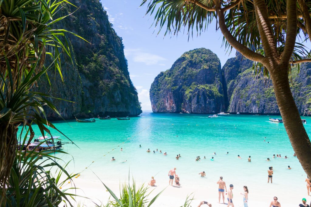 A view of mountains and the water at Maya Bay in Thailand