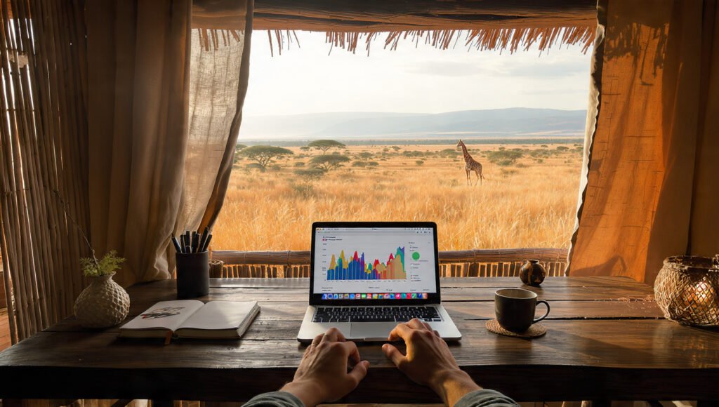Luxury camps offer dedicated workspaces with high-speed Wi-Fi, allowing you to code with a view. (Image Credit: Gem Finders Safaris)