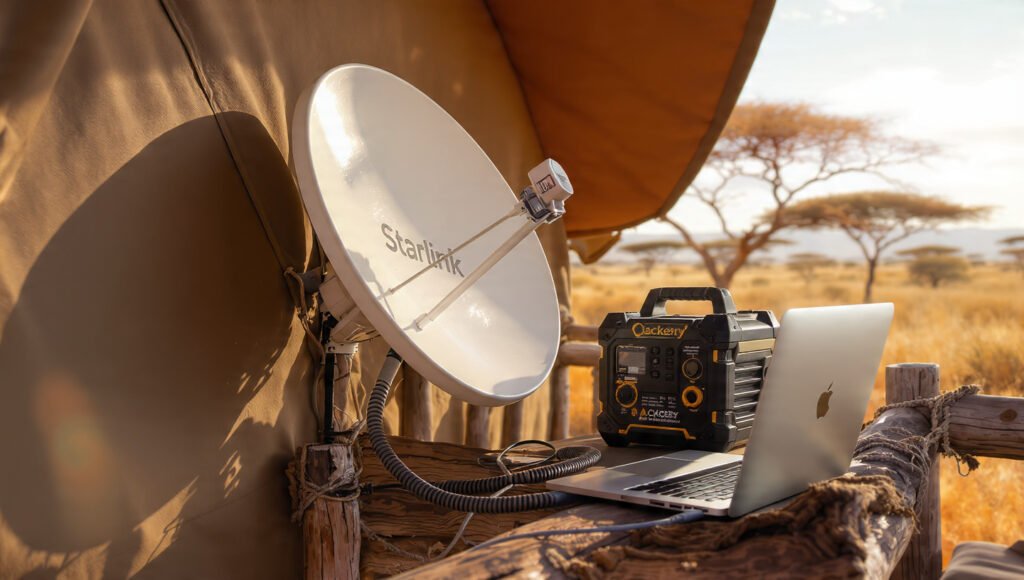 Starlink terminals and solar setups are now common sights in remote Kenyan lodges, ensuring 24/7 connectivity.
(Image Credit: Gem Finders Safaris)