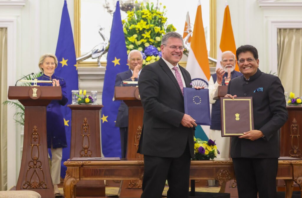 INDIA-EU-PIYUSH. PM, the President of the European Council, Mr. António Luís Santos da Costa and the President of the European Commission, Ms. Ursula von der Leyen witness the Exchange of MoUs between India and EU, in Hyderabad House, New Delhi on January 27, 2026.