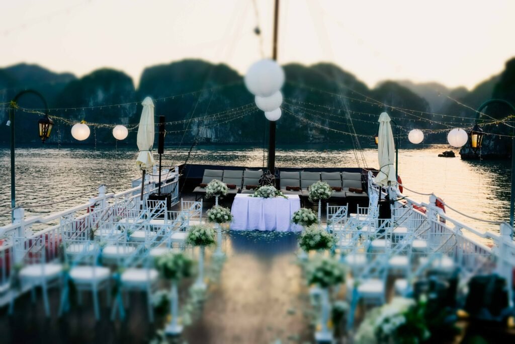 Scenic wedding setup on a boat. MICE Wedding Bhaya Cruises Decoration