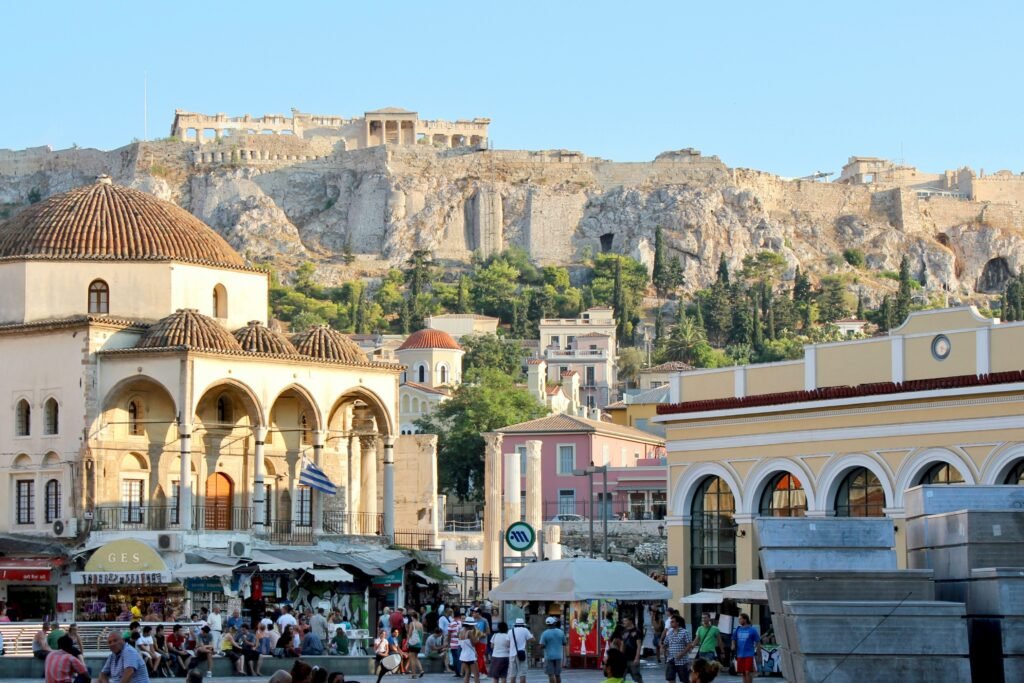 Historic buildings with Acropolis backdrop. Monastiraki, Athens, Greece. Photo by David Tip