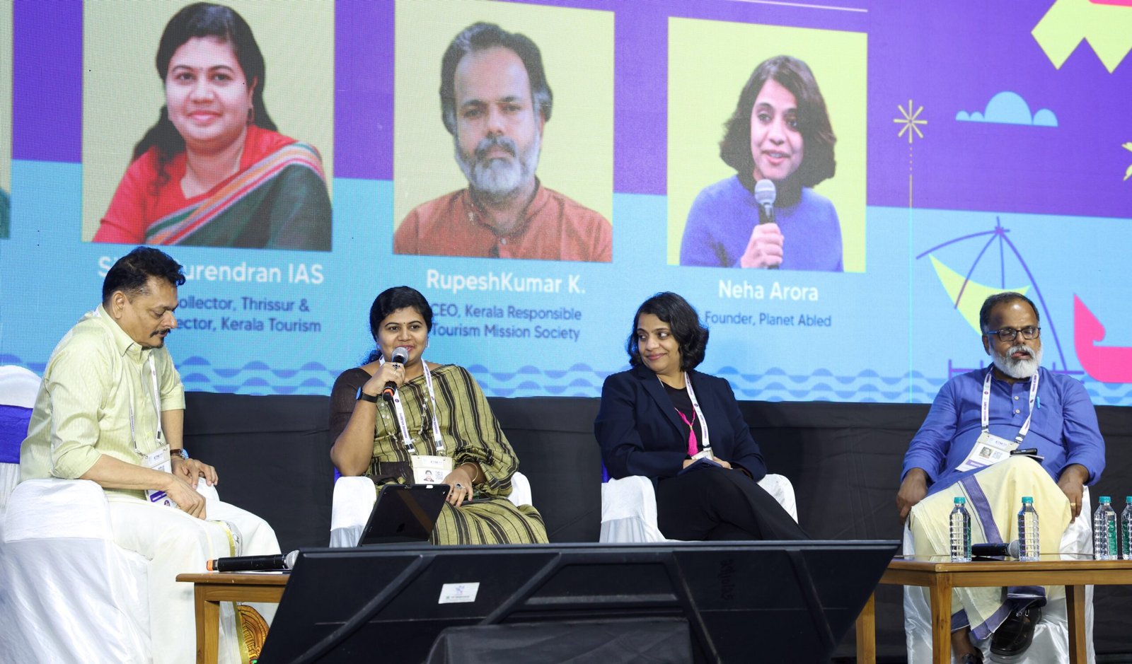 Sikha Surendran, Thrissur District Collector and former Tourism Director, speaks at a seminar on the topic of inclusive and accessible tourism at the Kerala Travel Mart in Kochi on Friday.KTM Society Secretary S. Swaminathan, Planet Abled Founder Neha Arora, and Responsible Tourism Mission Society CEO Rupesh Kumar K.
